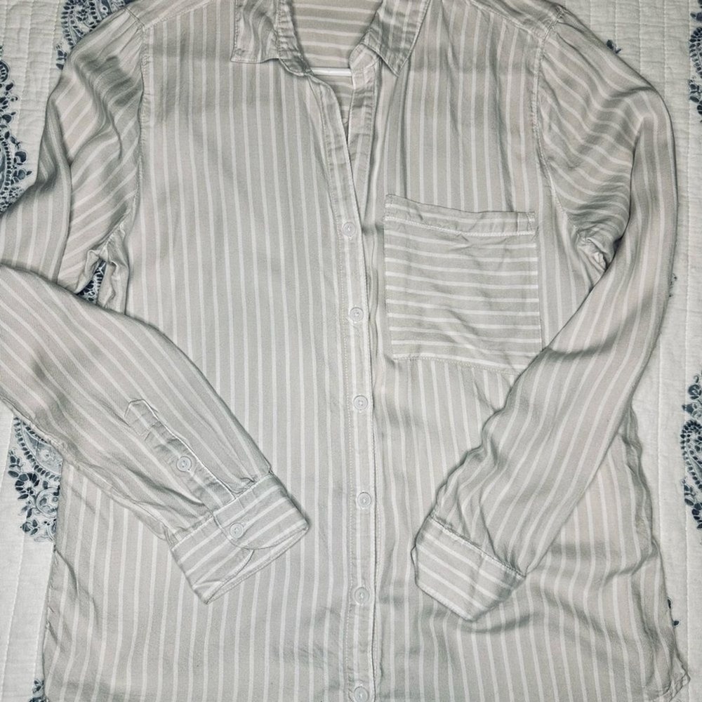 beachlunchlounge Striped Button Down Shirt Womens Medium Tan White Excellent L/S